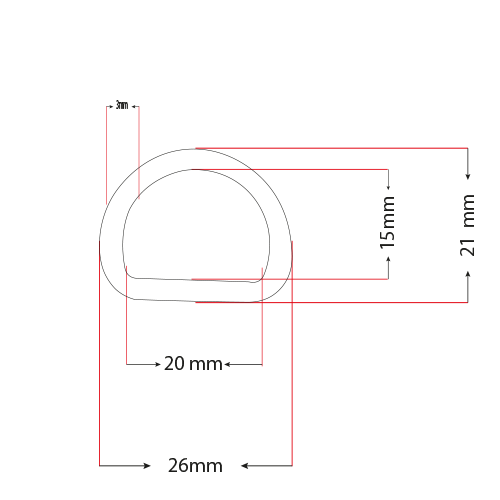 d-ring 20mm tekening D-ring 20MM X 3MM Nickel